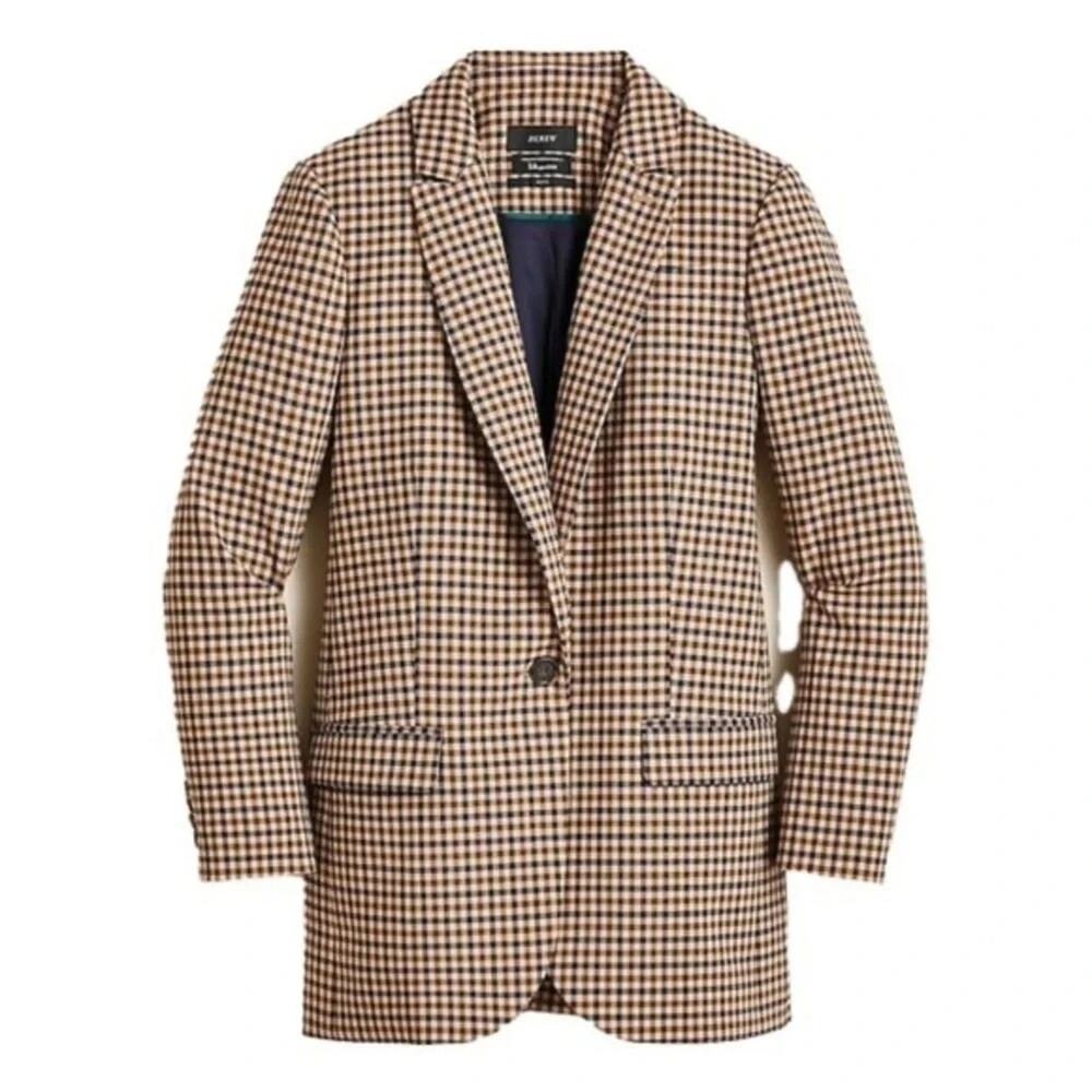 J.Crew Alfie Blazer Italian Stretch Wool Honey Plaid Jacket One Button Brown 16